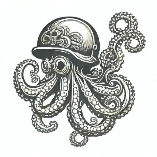 Octopus wrapping its tentacles around a firefighter's helmet and a navy deep sea diver's helmet tattoo design idea