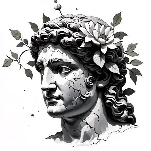 decayed Greek bust, From the cracks in the statue, vines or lotus flowers could grow tattoo design idea