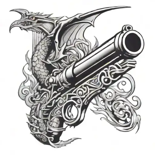 Dragon rifle: side of long gun with metallic dragon mouth and wing, barrel sticks out of dragon mouth shooting flaming b tattoo design idea