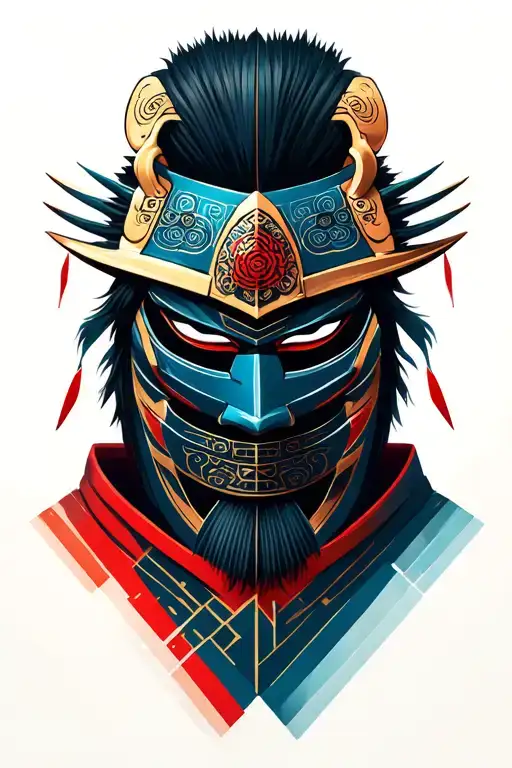 japane mask samurai warrior with geometric background tattoo design idea