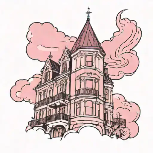 high-rise building with a spire against a pink sky with clouds in sketch style tattoo design idea