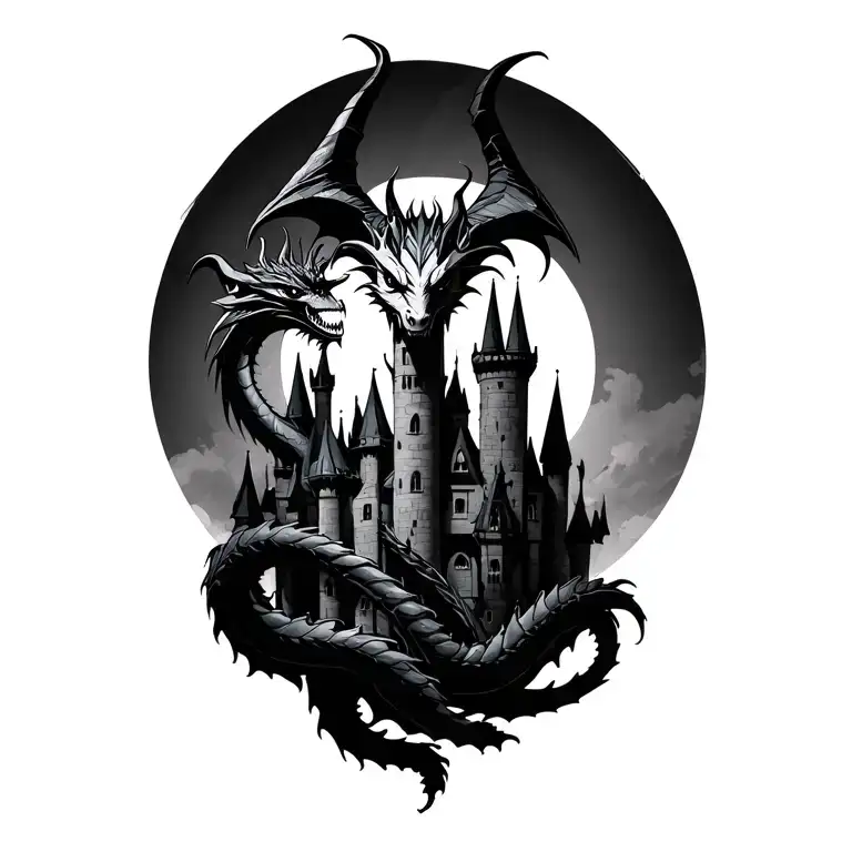 Maleficent Dragon Wrapped around the Castle With Blasting tattoo design idea