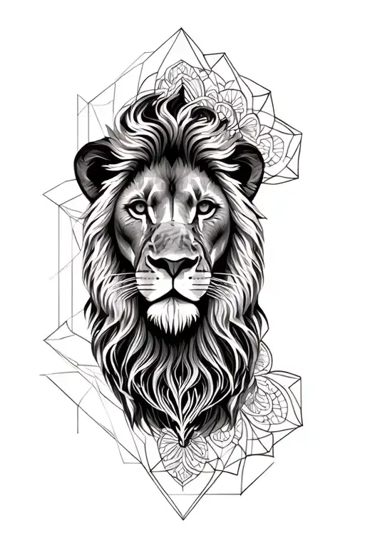 Lion manadala, the face should have mouth closed and calm wise eye.  face should be surrounded by geometric mandala tattoo design idea