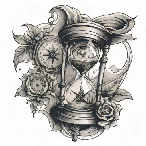 tattoo infinity hourglass with watch at to top and compass at the bottom and the watch is going through the sands of tim tattoo design idea