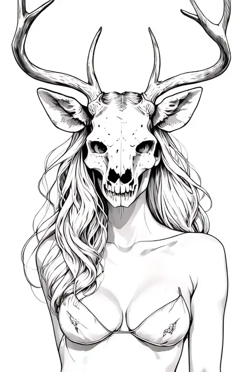 sexy woman with deer skull head tattoo design idea