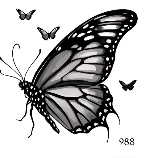 a big butterfly with 988 down the middle of the butterfly and two more flying away from the big one   tattoo design idea