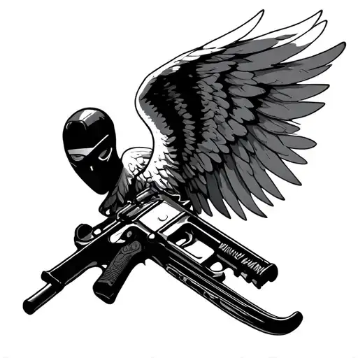angel with ski mask and gun minimalist tattoo design idea