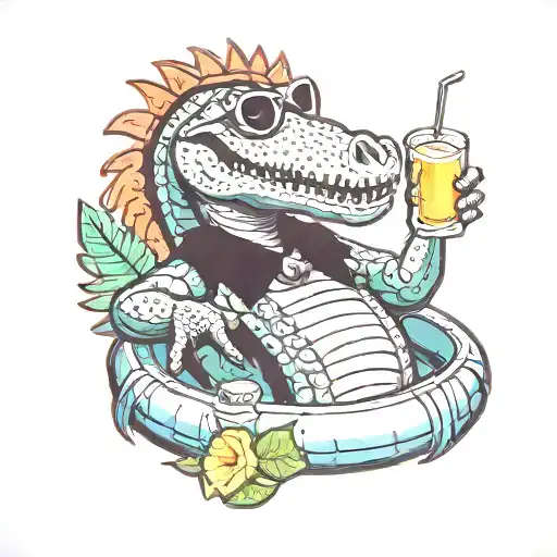 Cartoon, spinosaurus, in circular pool float, wearing sunglasses, drinking margarita tattoo design idea