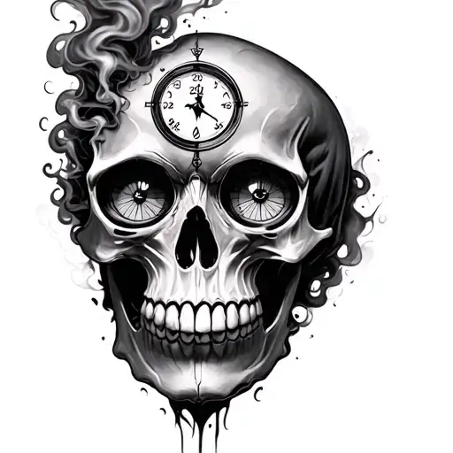 Realistic skull with smoke flowing out, one eye a clock showing 2:20, other a compass pointing wrong, dark abstract styl tattoo design idea