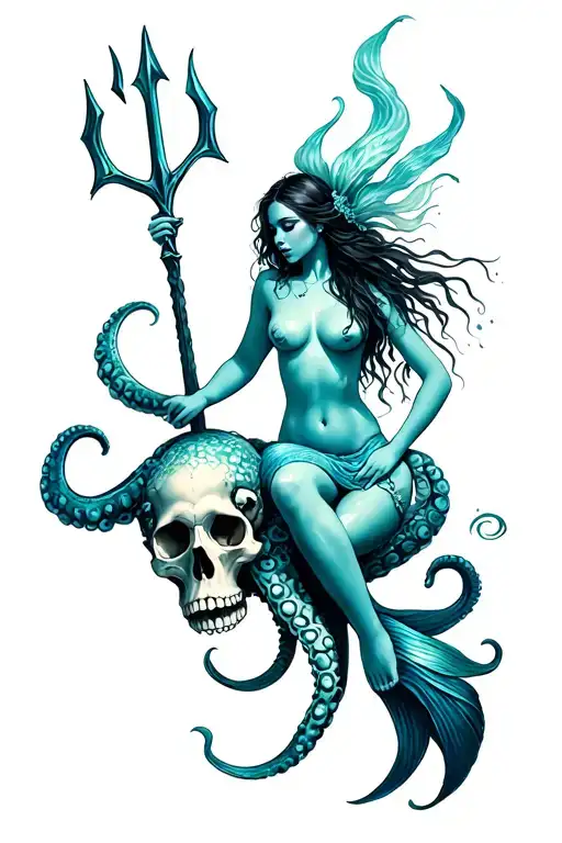 siren mermaid sitting on an octopus skull hybrid holding a trident tattoo design idea