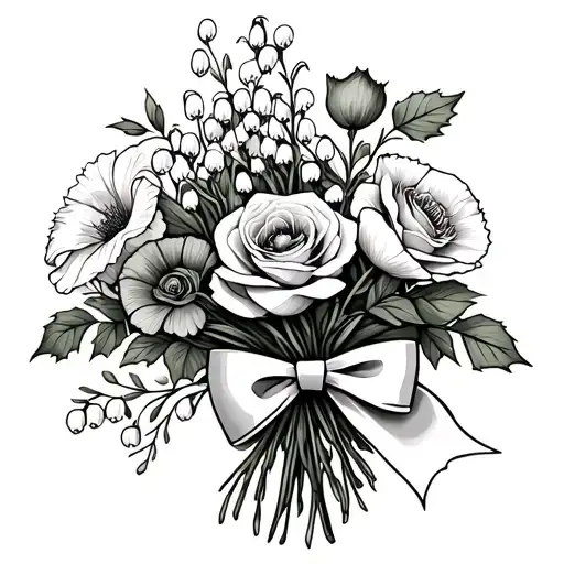 lily of the valley, holly berry, poppy and rose wrapped together with a bow ribbon in a bouquet birth flowers tattoo design idea