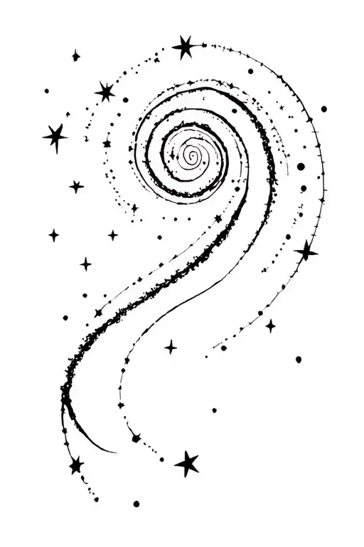 Minimal fine-line cosmic tattoo: spiral galaxy, stars, stardust, Aquarius constellation, tiny hidden dot showing earth tattoo design idea