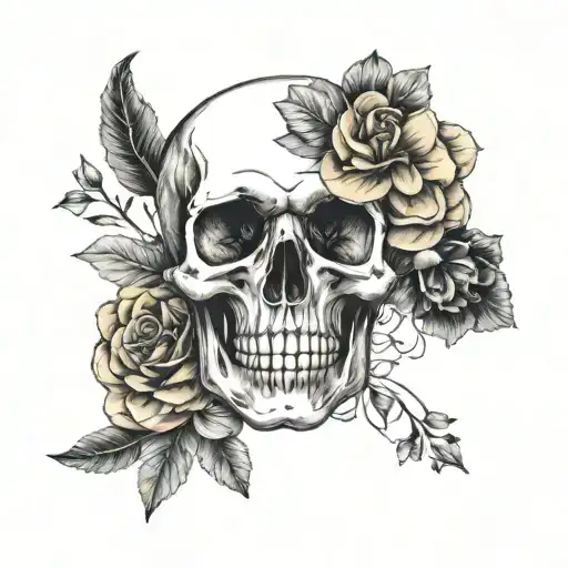 skull and flowers, with thin lines, realistic,  tattoo design idea