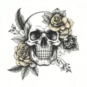 skull and flowers, with thin lines, realistic,  tattoo design idea