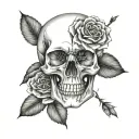 skull and flowers, with thin lines, realistic,  tattoo design idea