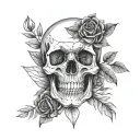 skull and flowers, with thin lines, realistic,  tattoo design idea