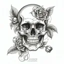 skull and flowers, with thin lines, realistic,  tattoo design idea