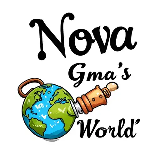 "Nova" "Gma's World " written  with the world and a cow print baby rattle  tattoo design idea