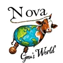 "Nova" "Gma's World " written  with the world and a cow print baby rattle  tattoo design idea
