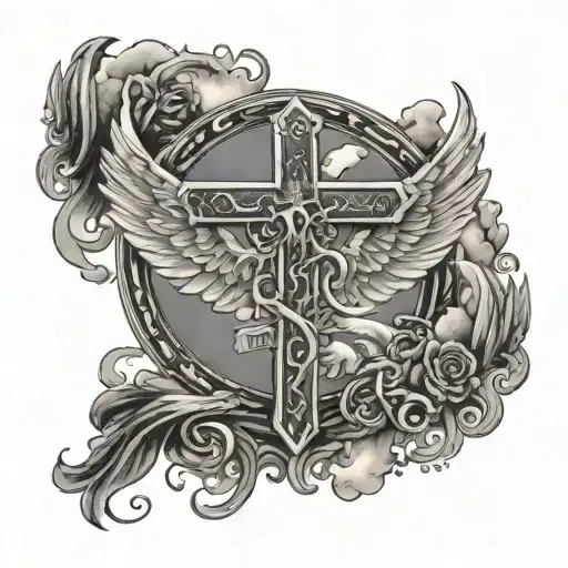 roman numerals cross with doves and halo and clouds with angel wings on cross with jesusu hands and rosary and quote  tattoo design idea