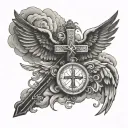 roman numerals cross with doves and halo and clouds with angel wings on cross with jesusu hands and rosary and quote  tattoo design idea