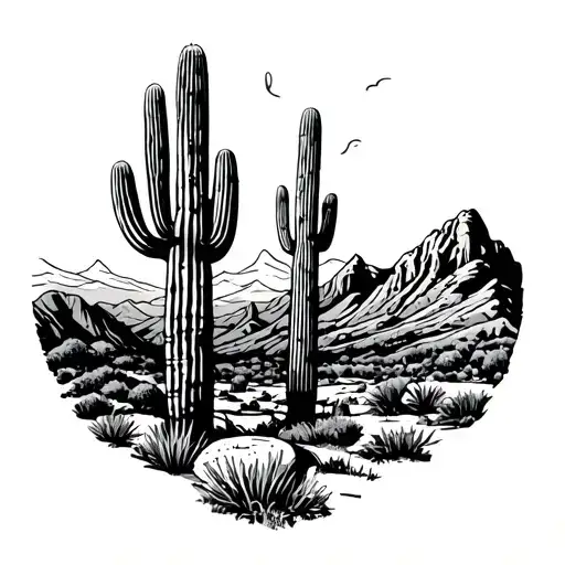 saguaro cacti, camelback mountain scene tattoo design idea