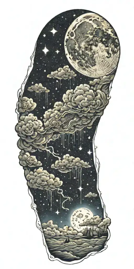 thunderstorm and moon surrounded by stars tattoo design idea