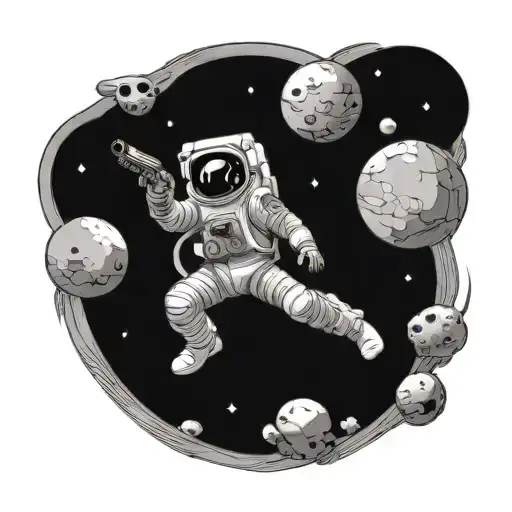 astronaut in space with pistol pointing on him tattoo design idea