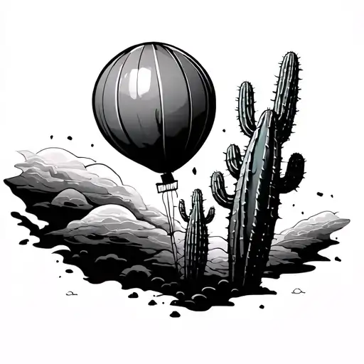 cactus and baloon exiting space tattoo design idea