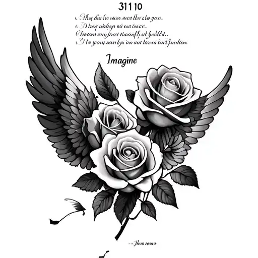 roses with the date 31/10 with the lyrics of imagine by john lennon include with dove or wings  tattoo design idea