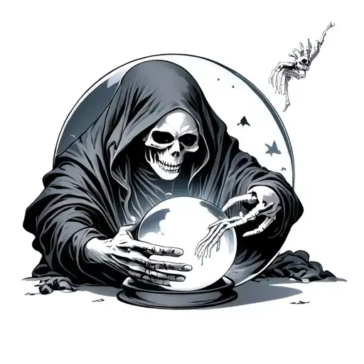 A grim reaper looks down in a crystal ball that has a skeleton reaching out in it, wisp in the night holding ball tattoo design idea