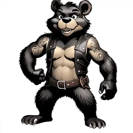 BooBoo cub from the cartoon Yogi Bear, wearing gay leather gear including a leather harness, leather vest, leather glove tattoo design idea