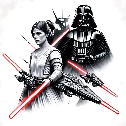 luke skywalker, leia organa, darth vader, lightsabers, x-wing, tie-fighter, light and dark, space and land, balance tattoo design idea