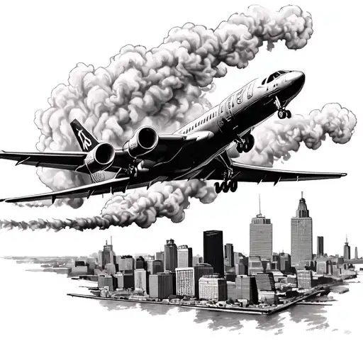 airplane flying over the Baltimore skyline with smoke tailing the plane  tattoo design idea
