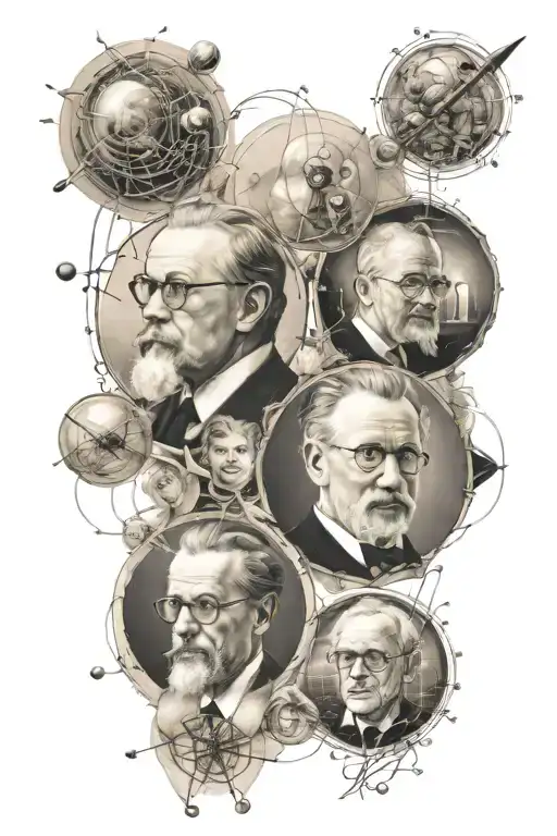 quantum physics themed tattoo with portraits of the greatest scientists and philosophers  tattoo design idea