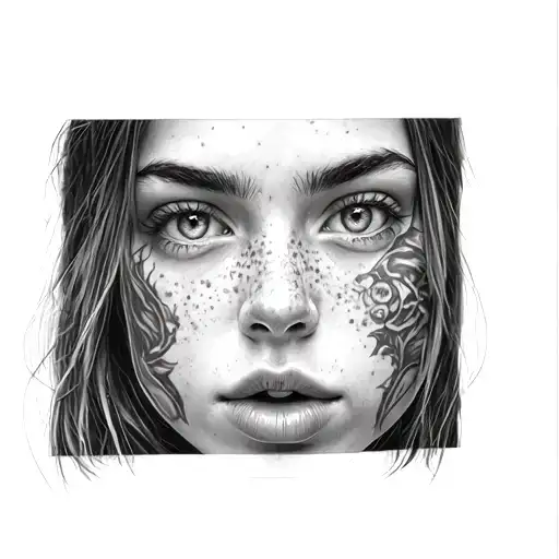 Face of an European girl in her 30s, looking straight into the came, blue eyes, slightly open mouth, freckles on her nos tattoo design idea