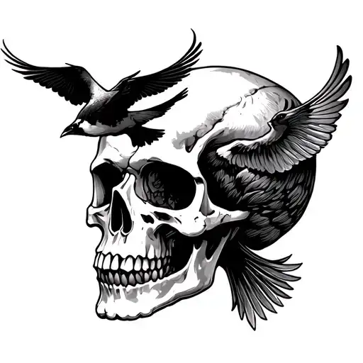 skull with 2 birds flying around (tattoo medium size not realistic style) tattoo design idea