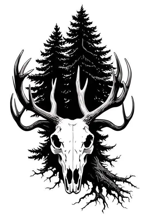 pine tree with roots elk skull with antlers tattoo design idea