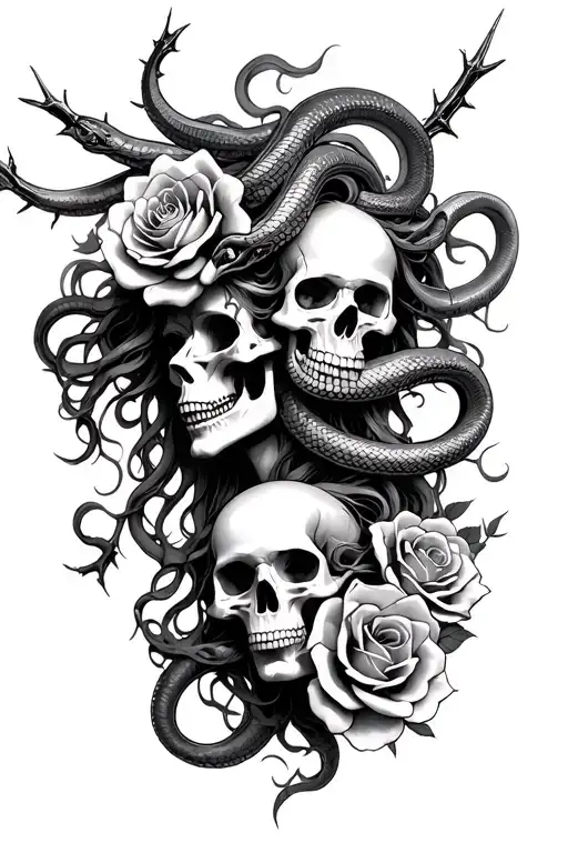 Medusa With Snakes Skulls Roses thorns tattoo design idea