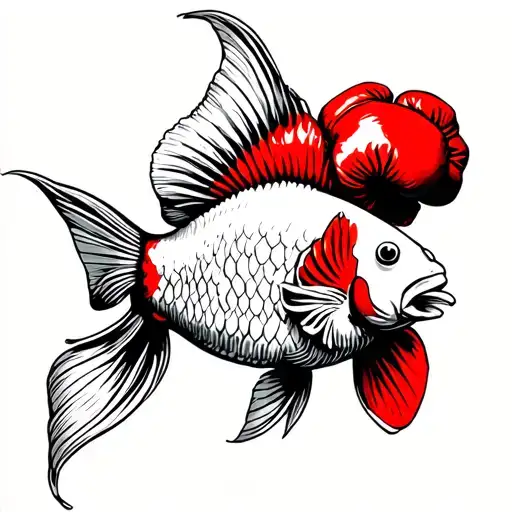 black and white oranda goldfish with red boxing gloves hanging over its back tattoo design idea