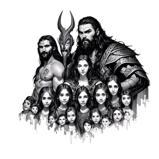 God Loki, behind his parents, and in front are all his children tattoo design idea