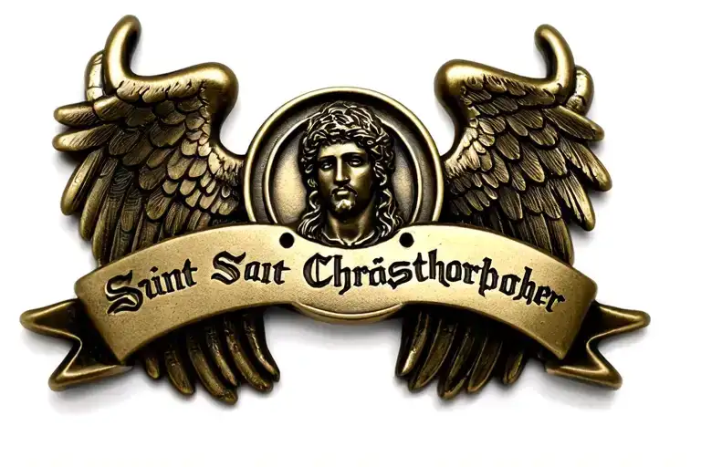 Saint Christopher, protector of travelers bronze medal with wings on either side  tattoo design idea
