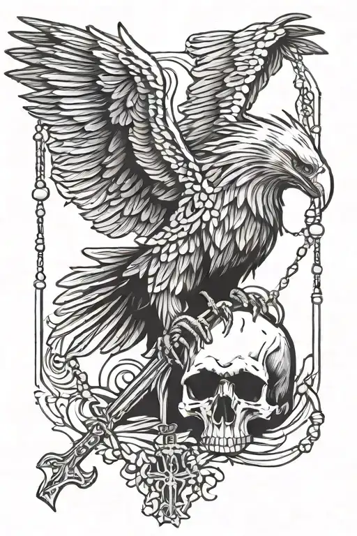 eagle wing, grim reaper skull holding a rosary,  tattoo design idea