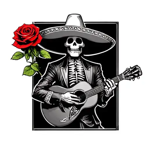 skeleton mariachi holding up a rose tattoo design idea