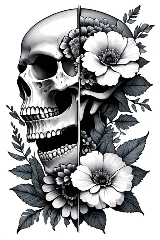 half skull half flowers  tattoo design idea