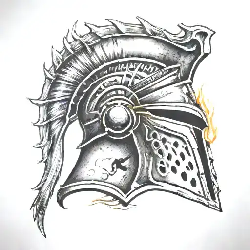 Spartan helmet with fire on the front tattoo design idea