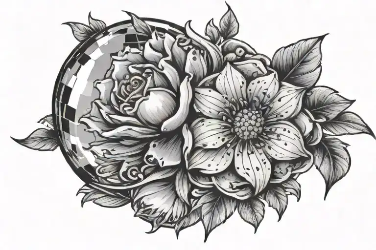 mirror ball and flower blooming tattoo design idea