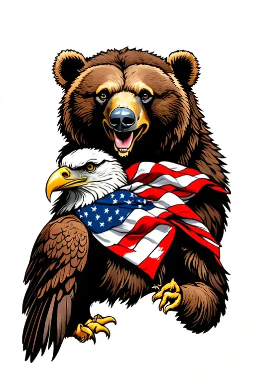 An arm sleeve with a bear on the upper arm and a bald eagle with an American flag bandana on the lower arm tattoo design idea