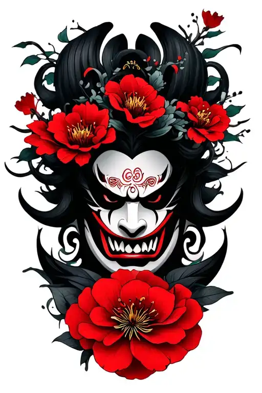 Hannya and red flowers symbolizing strength and resilience tattoo design idea