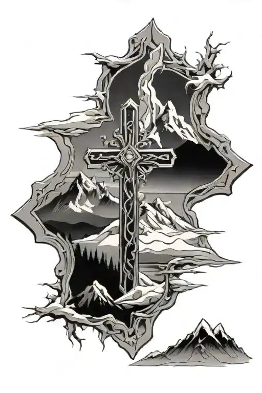 Cross with winter mountains inside  tattoo design idea